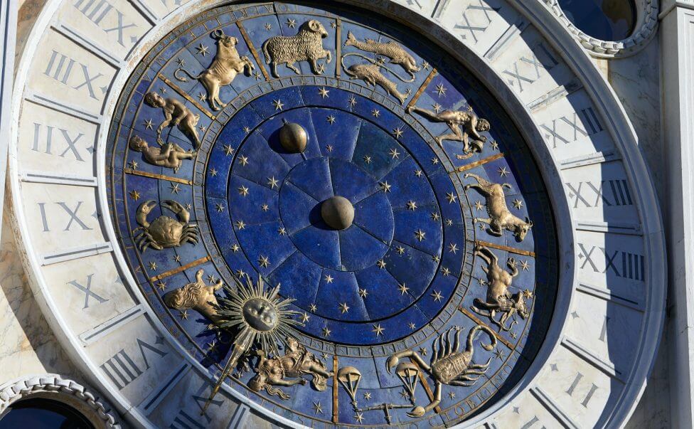 Golden zodiac astrological clock, sunlight and shadow
